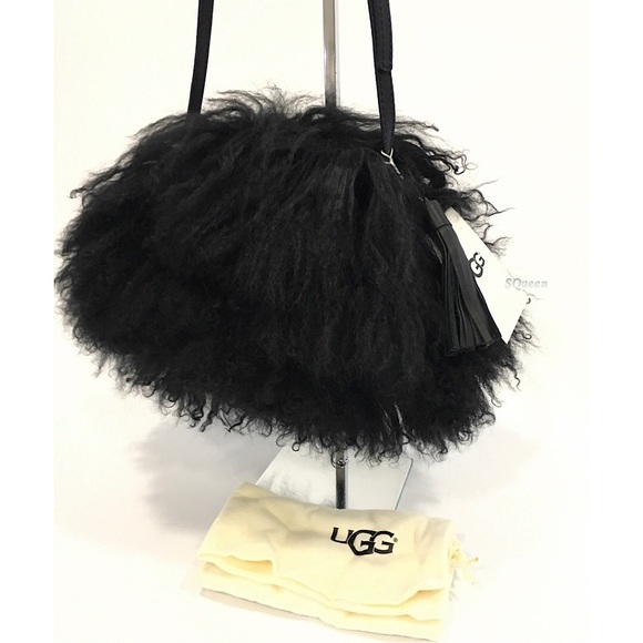 UGG MONGOLIAN POM POM CROSSBODY BAG PURSE -BLACK CURLY FUR -NWT